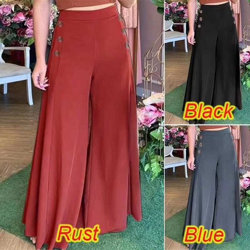 Fashion New Women's Button Elastic High waist Wide leg Pants Wine Red - Shop at LoveMi