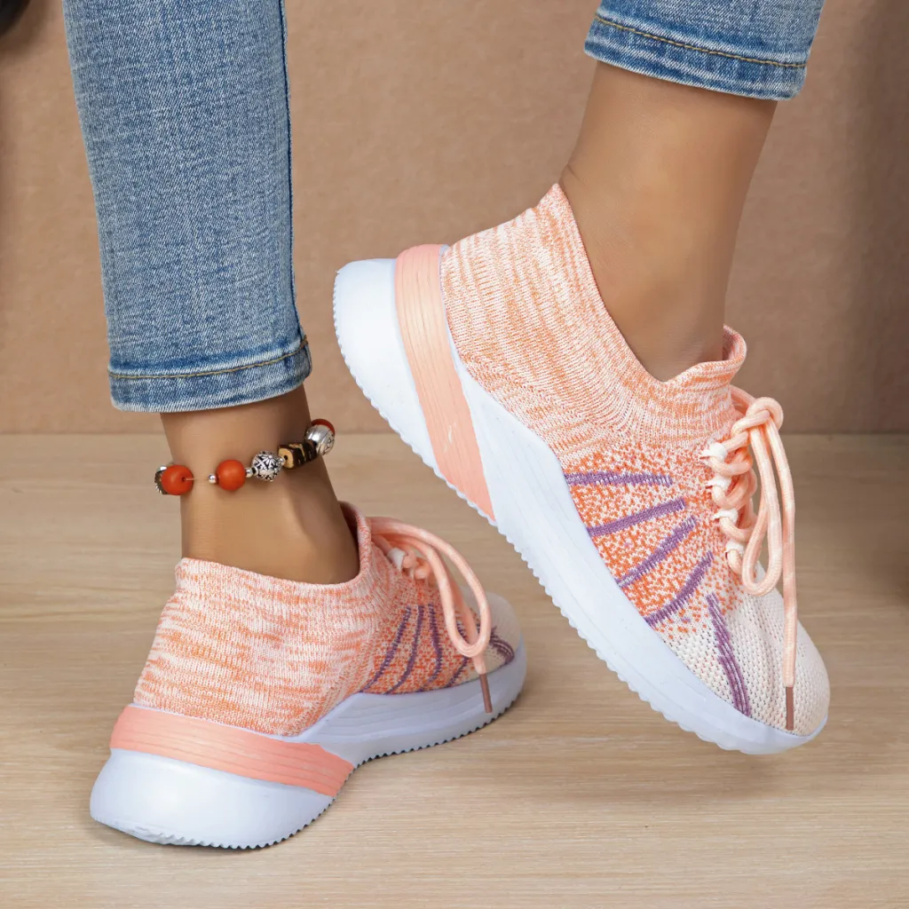 New Lace-up Sports Shoes Women Colour-matching Breathable Mesh Shoes Running Walking Casual Sneakers - Pink