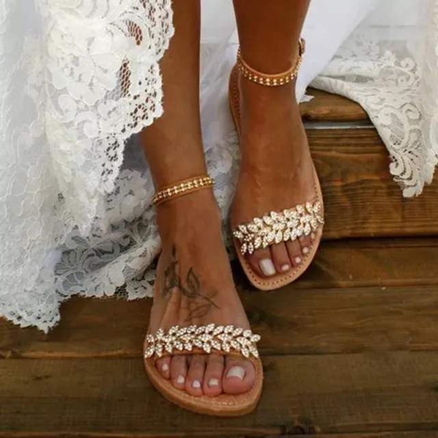 New Women's Word Buckle Strap Fashion Rhinestone Flat Large Size Sandals Brown - Shop at LoveMi
