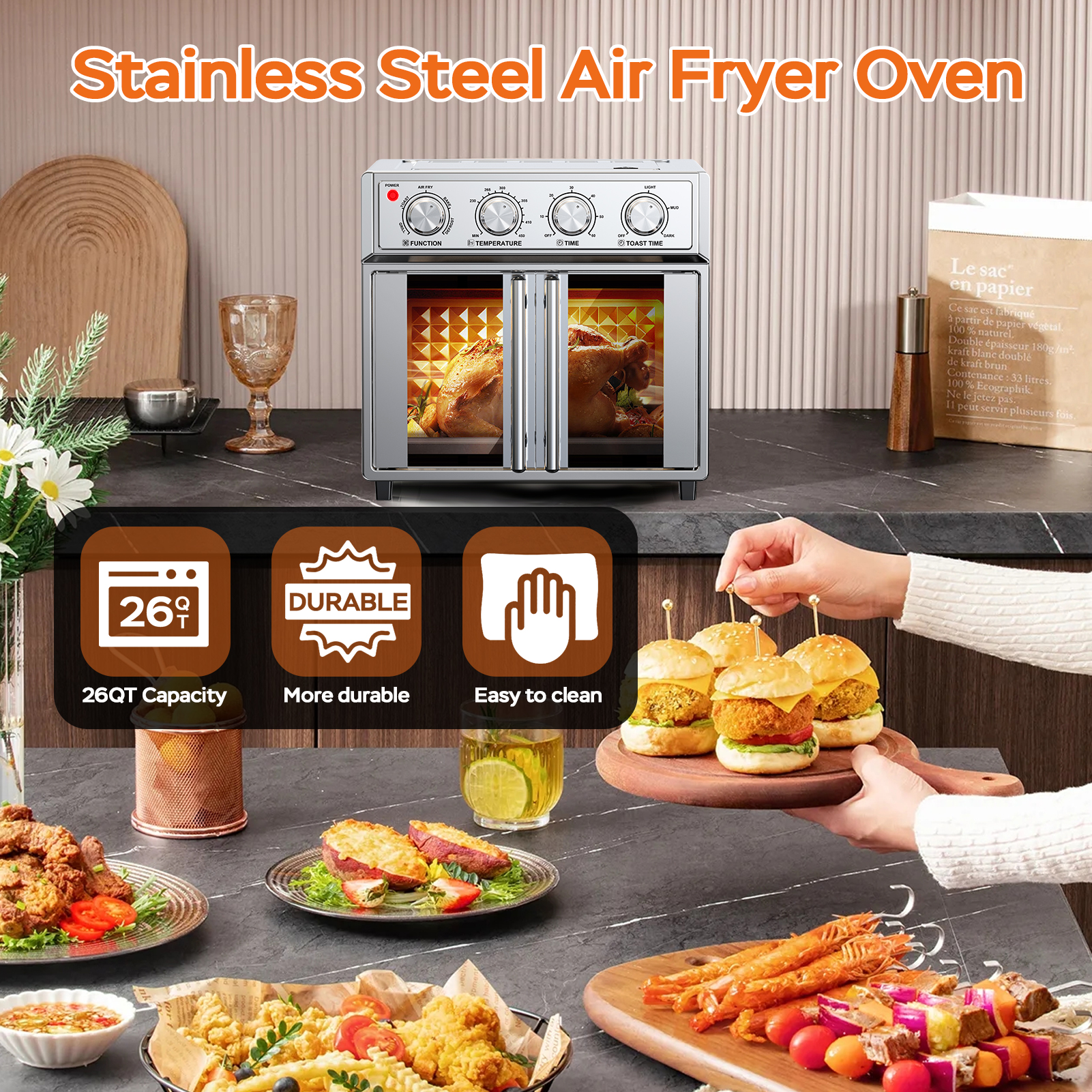 29.5 QT Air Fryer Convection Toaster Oven, French Door, 6 Slices, 1700W, Multifunction Oven, Air Fryer, Toast, Grill, Defrost, Bake, Time And Temperature Controls, Silver, Amazon Resale Prohibited — foto 7