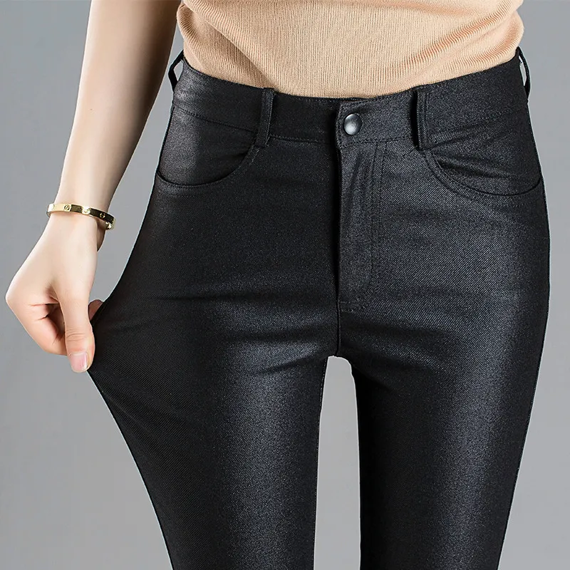 PU Coated Faux Leather Pants Ladies High Waist - Black