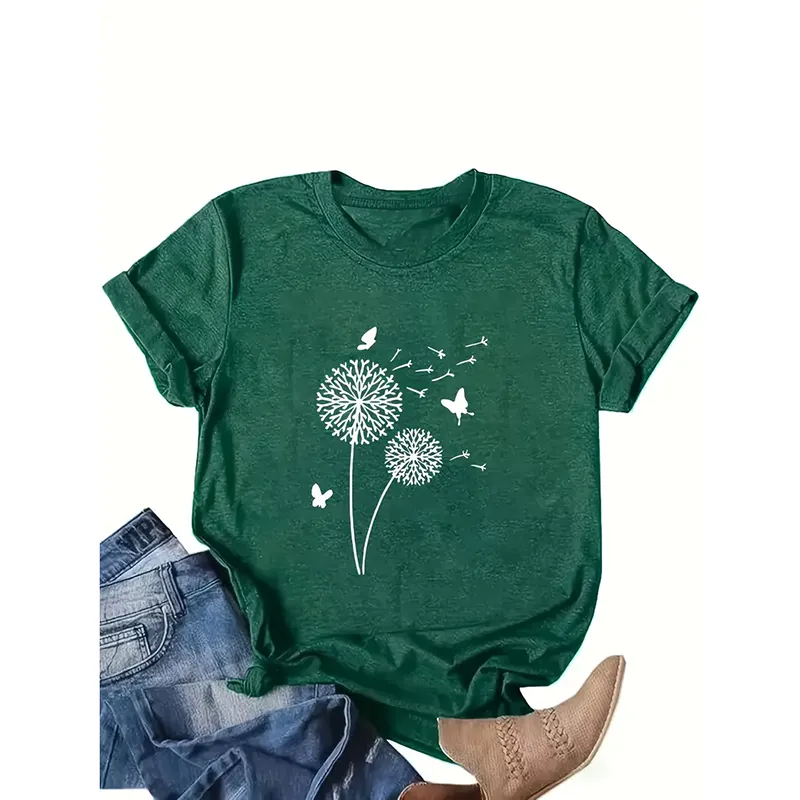 Women's Dandelion Print T Shirts Cute Graphic Tees Short Sleeve Summer Tee Tops - Green