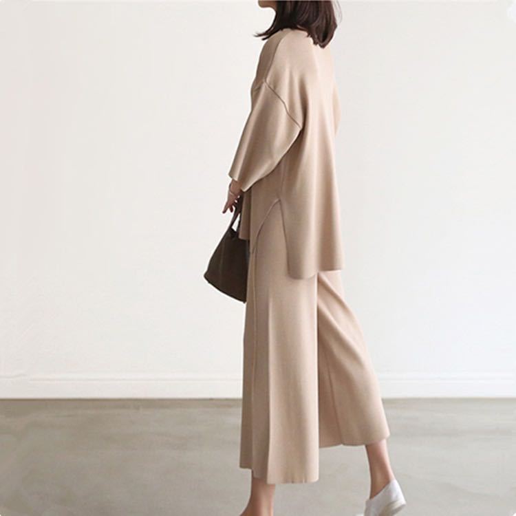 Gentle Style Knitted Suit Women's New V-neck Top Split Wide Leg Pants
