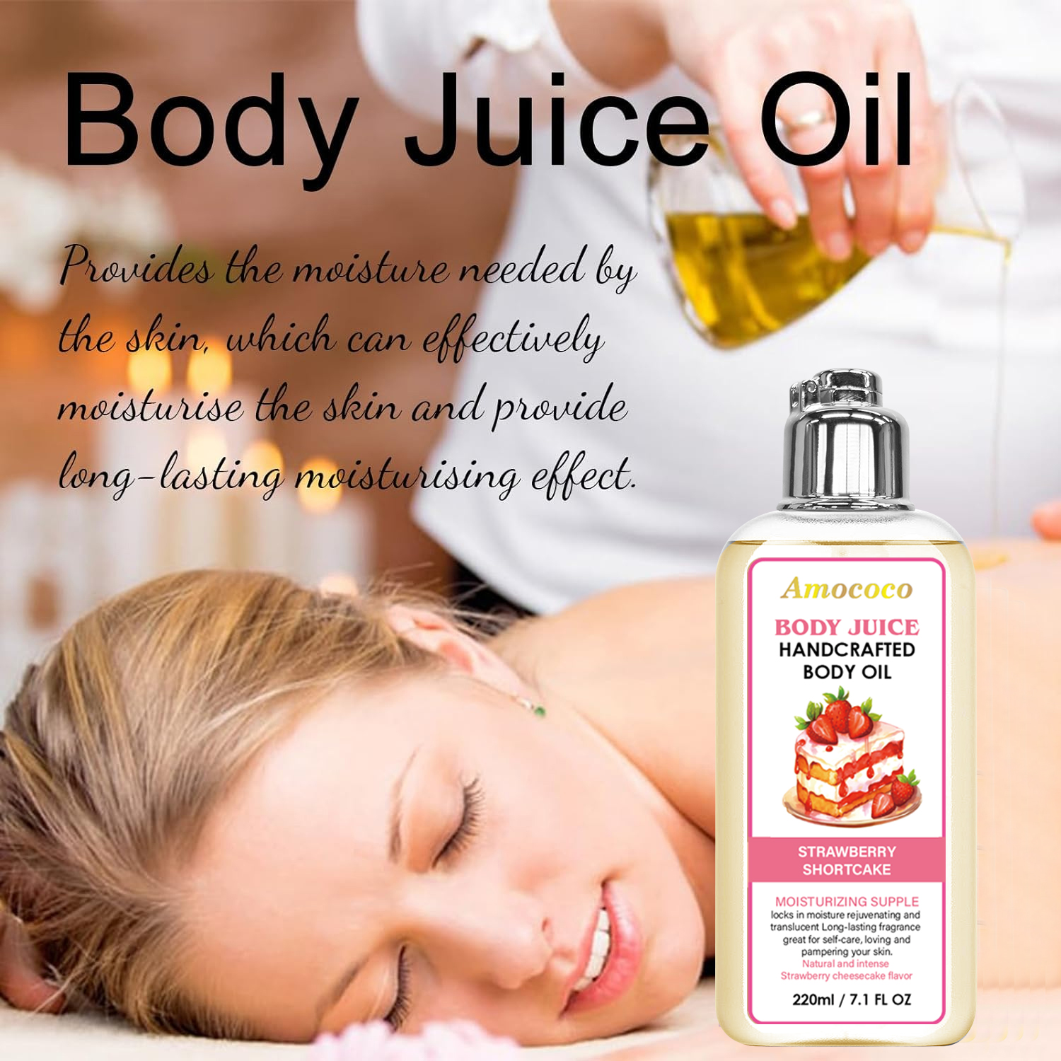 Only Supports Self Pickup With Waybill Amococo Strawberry Shortcake Body Juice Oil, 220ml Handcrafted Moisturizing Body Oil For Dry Skin, Long-Lasting Fragrance Body Massage Oil, Natural Plant-Based L