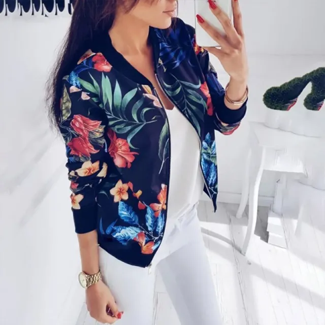 Women's Zip Up Jacket With All Over Botanical Print, Round Neck Long Sleeve Casual & Formal Wear For Spring&Fall Navy Blue - Shop at LoveMi