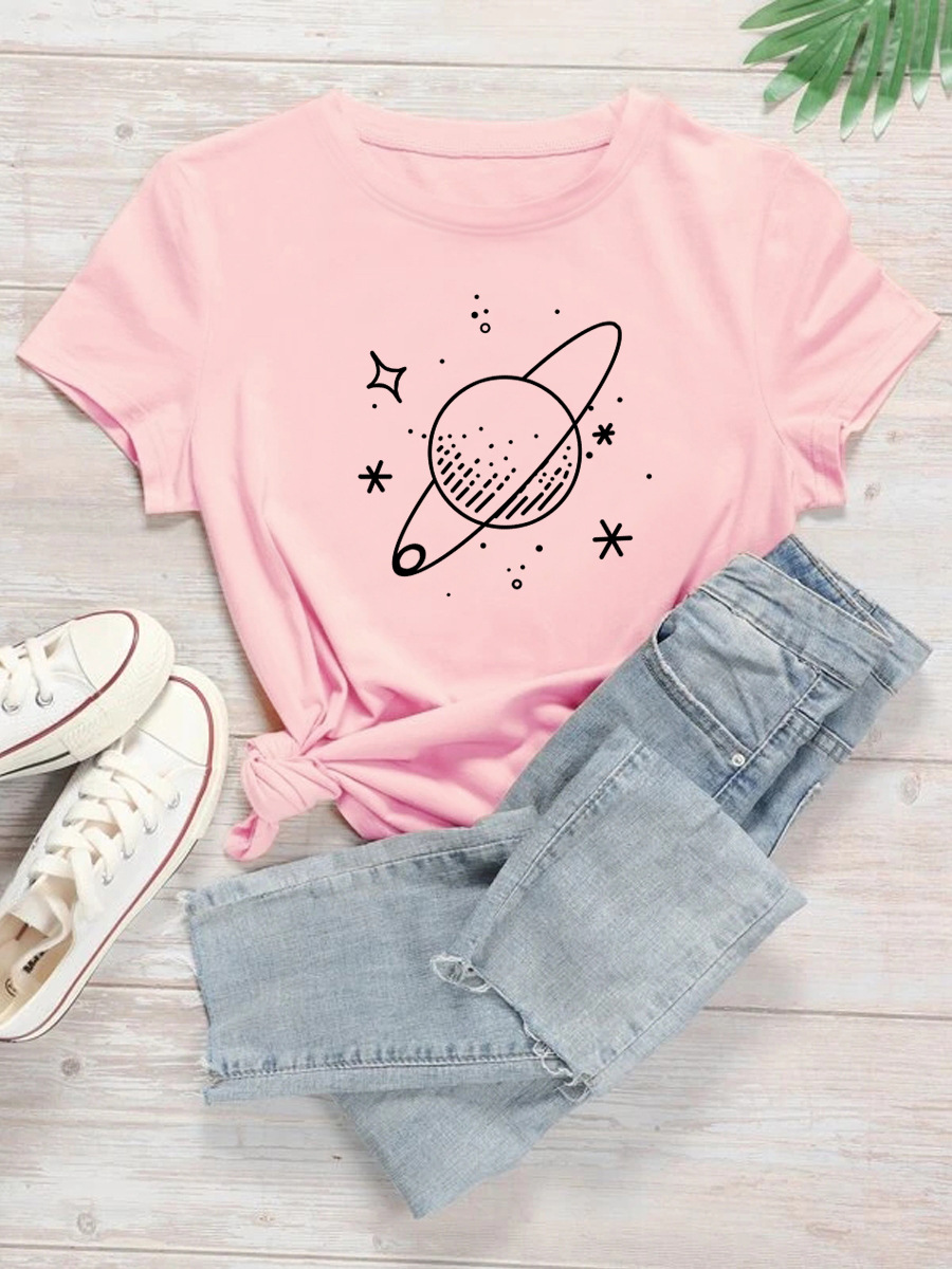 Women's Versatile Planet Print Casual Loose Short Sleeves
