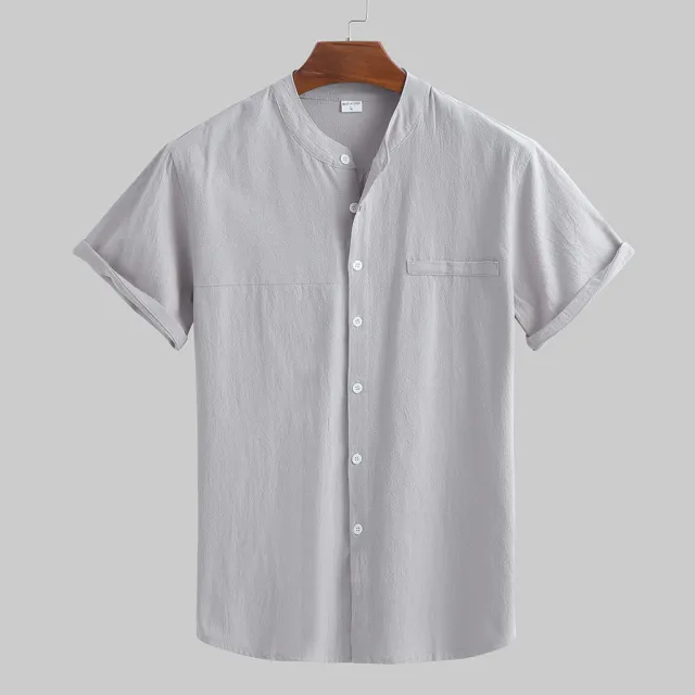 Linen Shirt Men's Short Sleeved Standing Collar Light Grey - Shop at LoveMi