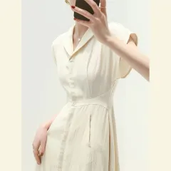 Women's Summer White Cotton Linen Shirt Dress - Offwhite Dress - View 1