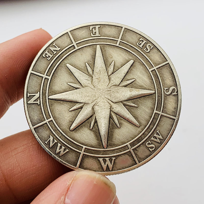 Deep engraving compass brass old silver coin craft handle