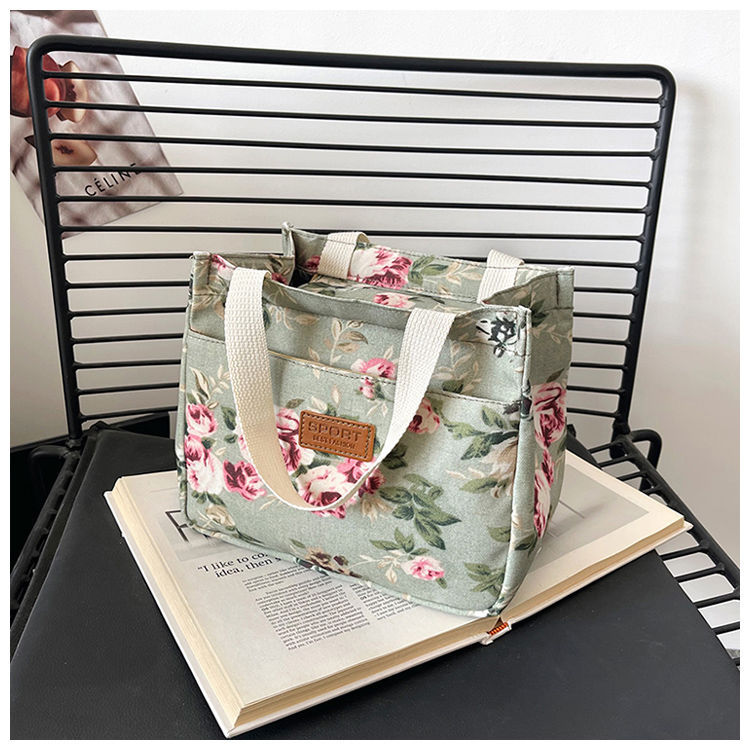 Handbag, Bento, Mommy, Office Worker, New Style For Going Out, Oxford Cloth Belt, Rice, Fashionable Carrying Bag, Large Capacity Makeup Bag - Green Flower Small Bag