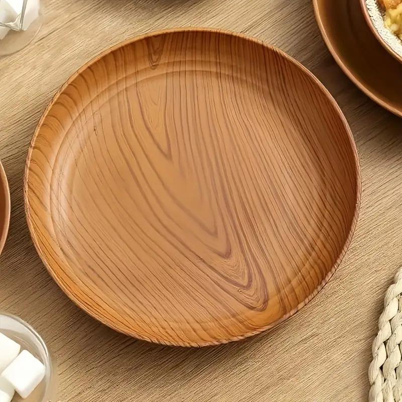 10 Creative Wood Grain Plastic Plates - Round Striped Design, High-Quality Lightweight, Suitable For Home, Dessert Shops 5