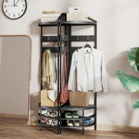 Corner Hall Tree, Industrial 4-Tier Coat Rack With Shoe Storage, 8 Movable Hooks And 2 Shelves For Hallway, Black 7