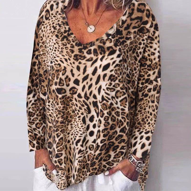 Title 2, Leopard Print Casual V-Neck Top Long Sleeve Blouse