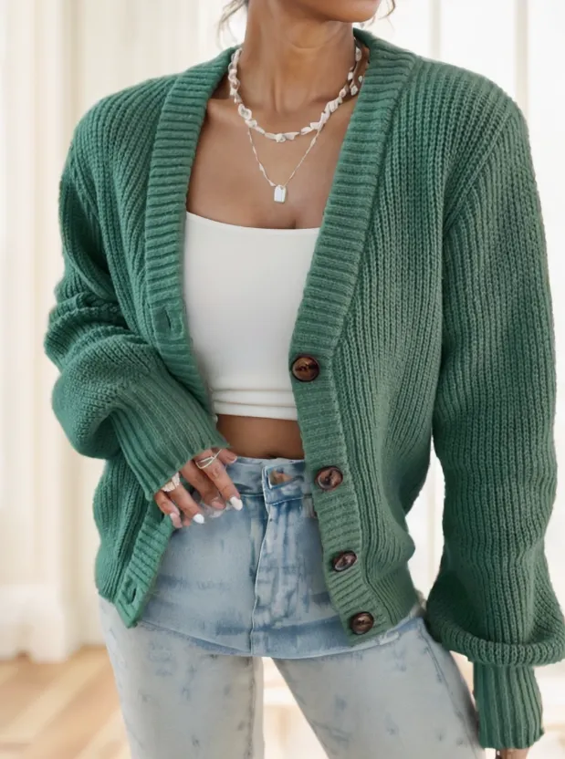 Women's Plain Color Front Button Knitted Cardigan Sweater Jacket Spring And Autumn Green - Shop at LoveMi