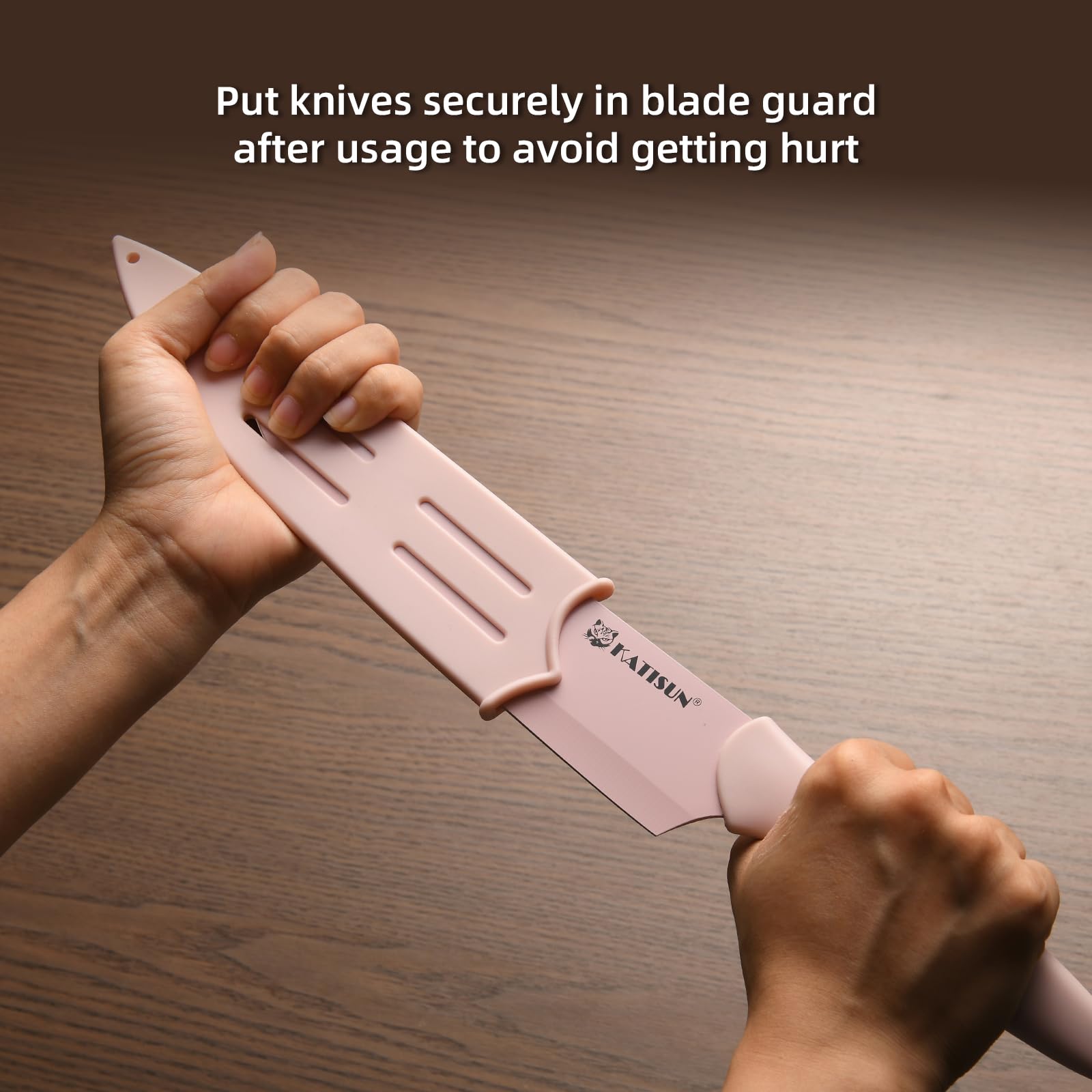 Kitchen Knife Set With Guards, 13 Piece Pink Non-Stick Boxed Knives Set, Anti-Rust And Dishwasher Safe, 6 Knives With 6 Blade Covers And Kitchen Shears 3