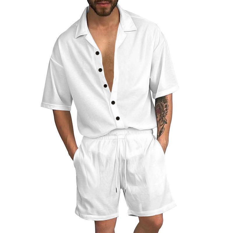 Men's Trendy Solid Color Short-sleeved Shirt Two-piece Suit