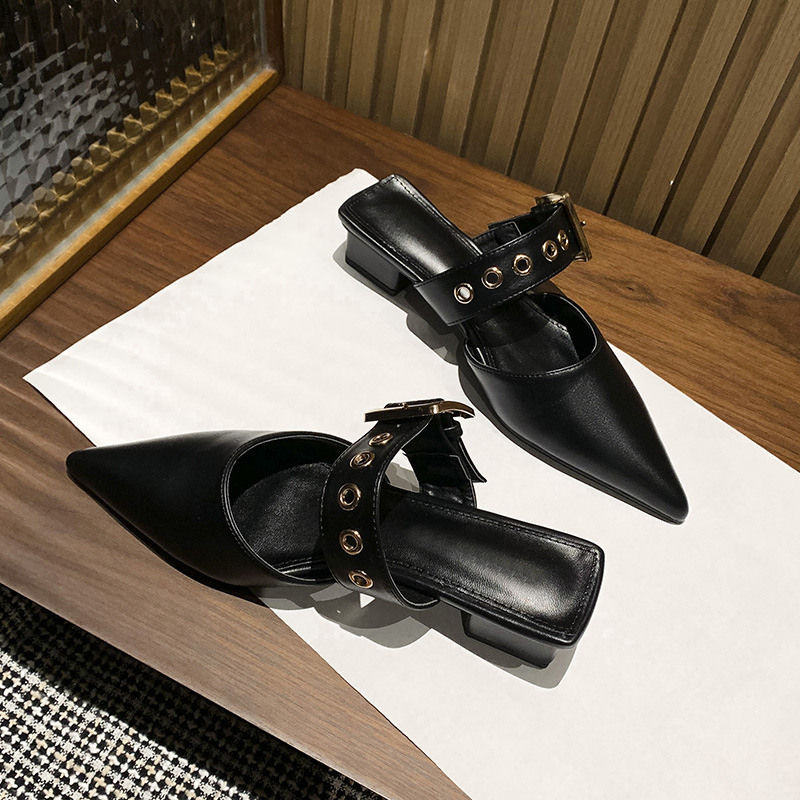 Women's Single Shoes Pointed Toe Sandals Women's Thick Heel Baotou Half Slippers