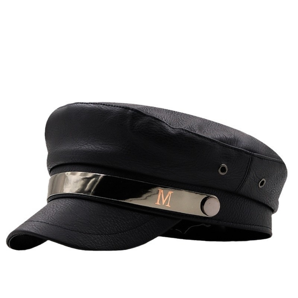 Women's PU Leather Metal M Label Retro Style British Fashion Cool And Bold Peaked Cap Suitable For Outdoor Outings And Simple Outfit