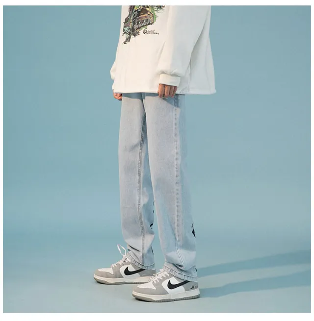 Letter Print Loose Straight Pants Ruffian Handsome Casual Mopping Trousers Blue - Shop at LoveMi