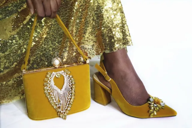 Stones Bag Matching Pointed Shoes For Wedding Party Matching Yellow - Shop at LoveMi
