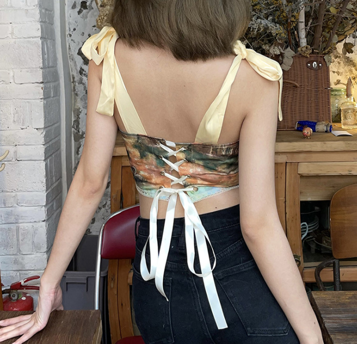 Camisole Slim-fit Wavy Navel Navel Short Oil Painting Printed Tank Top