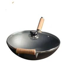 32cm Thick Round Bottom Wooden Handle Non-coated Non-stick Pan - Glass Lid Model - View 1