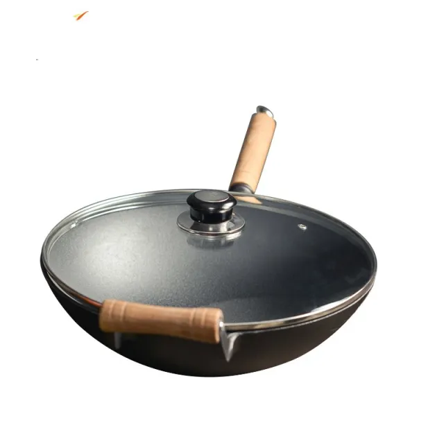 32cm Thick Round Bottom Wooden Handle Non coated Non stick Pan Glass Lid Model - Shop at LoveMi