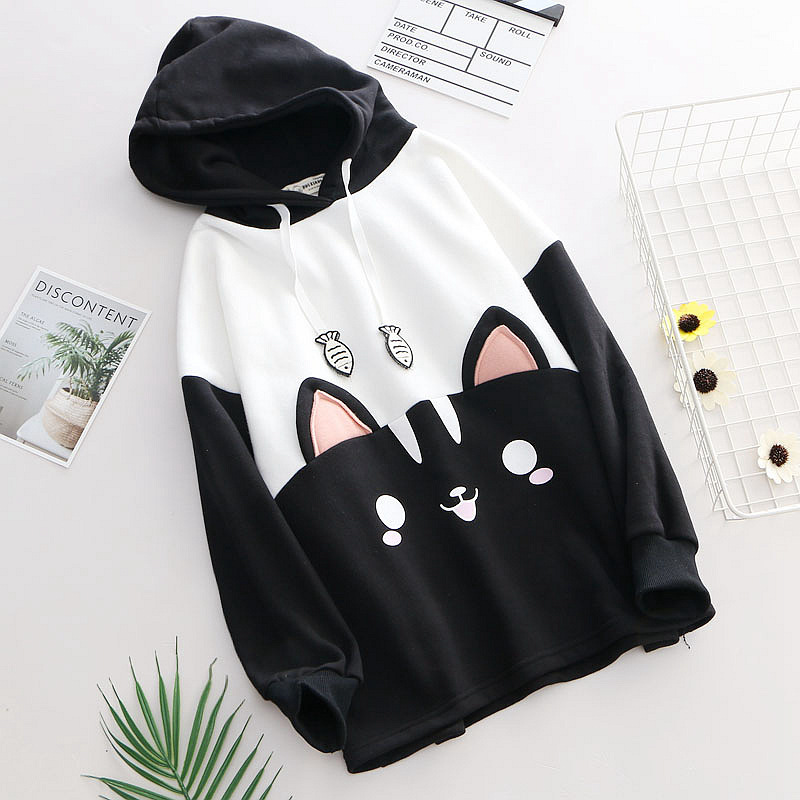 Title 4, Black and white cat eating fish embroidery sweater