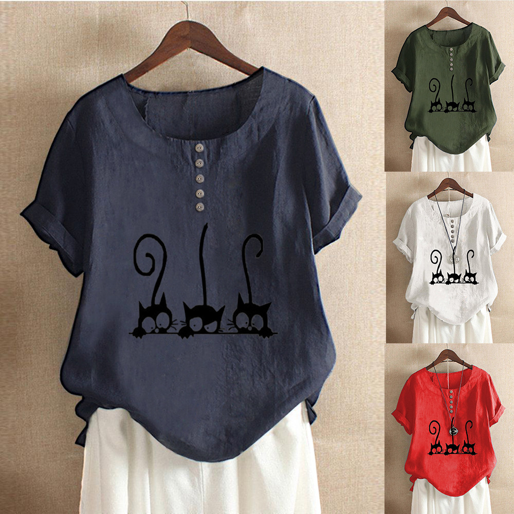 New Fashion Cat Print Round Neck Loose T-Shirt