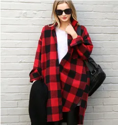 European And American Casual Loose Cotton Checkered Long Shirt - Red - View 1