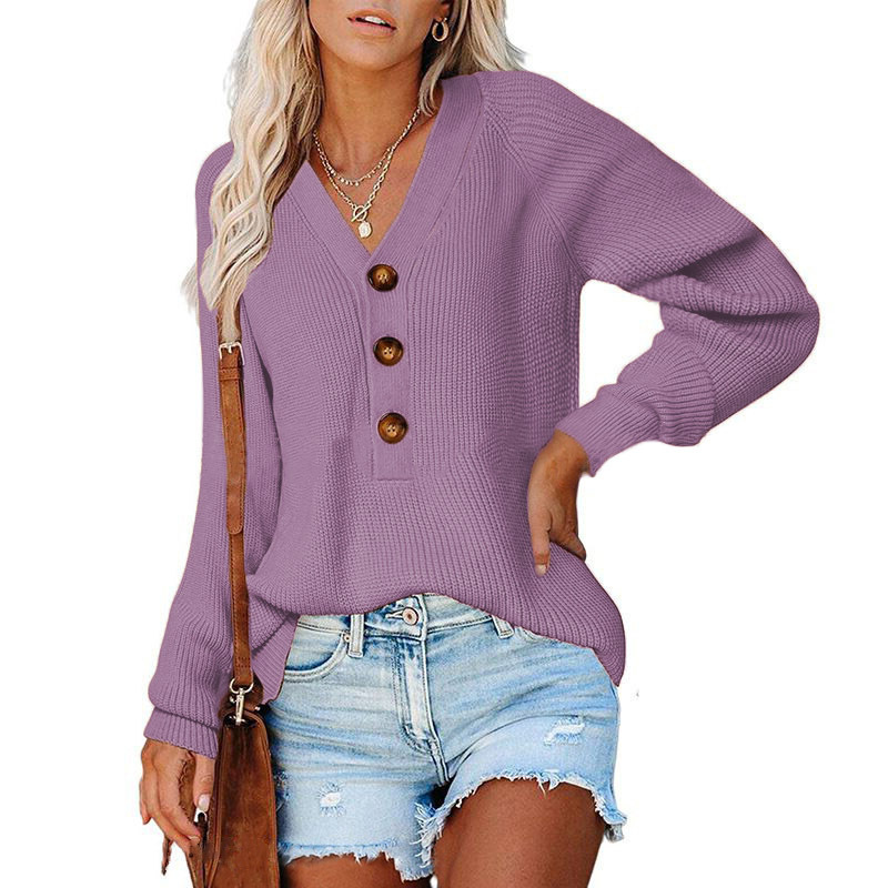 European And American Knitted Long-sleeved V-neck Sweater