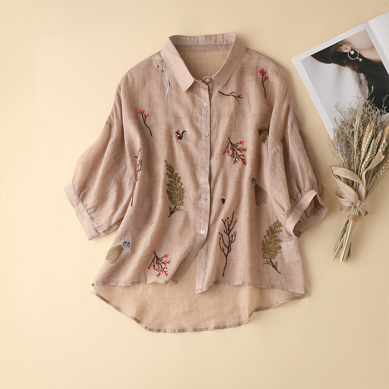 Ramie Women's Three-quarter Sleeve Machine Embroidery Shirt — image 1
