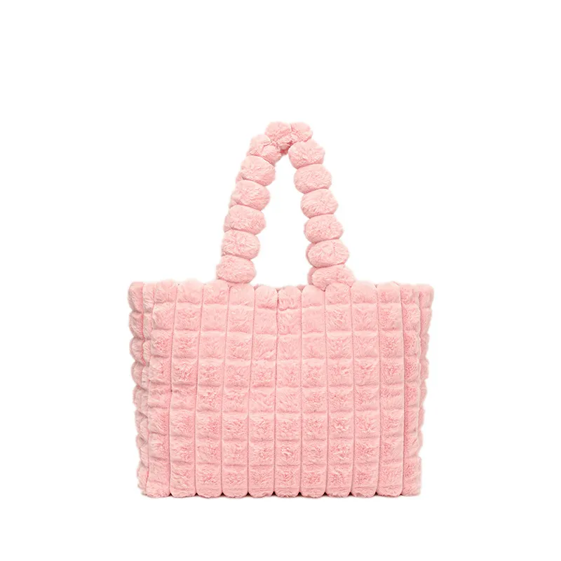 Plaid Handbags Winter Fashion High Capacity Shopping Plush Bag Korean Style Personalized Designer Luxury Tote Bags For Women - Pink