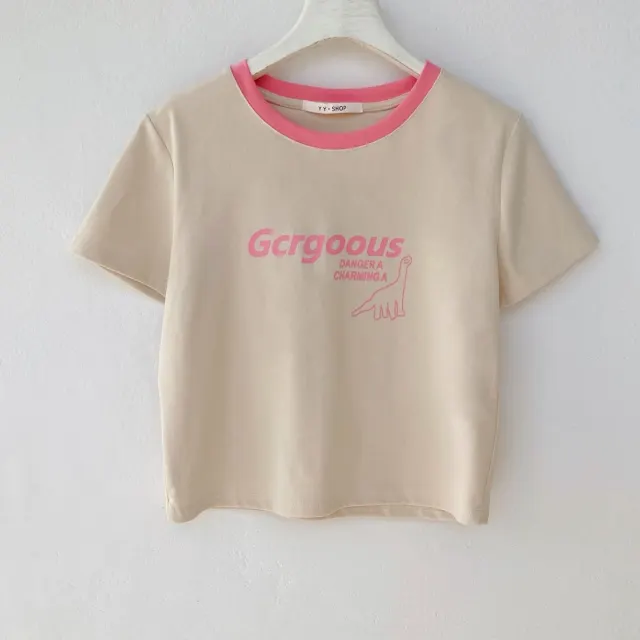 Cotton Dinosaur Cute Print Color Matching Short sleeved T shirt Top Slim Short Apricot - Shop at LoveMi
