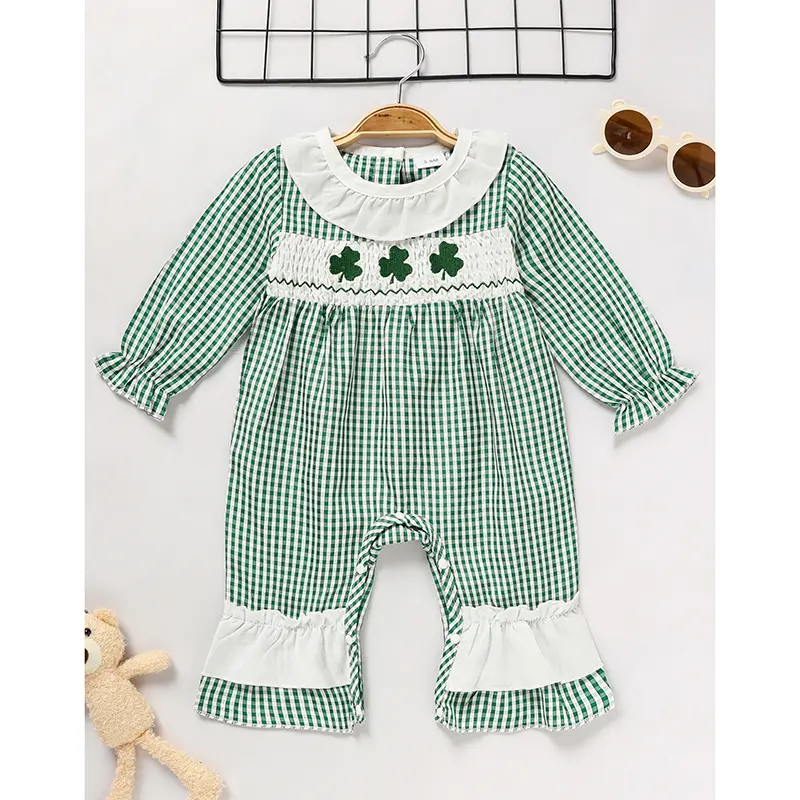 Ewborn Baby Girls Green Plaid Four-leaf Clover Allover Print One-piece Long Sleeve Bodysuit