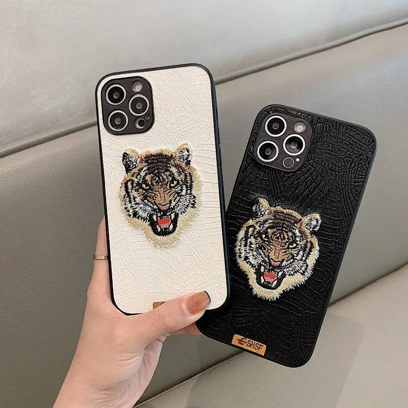 Leather Embroidered Tiger Head Phone Case