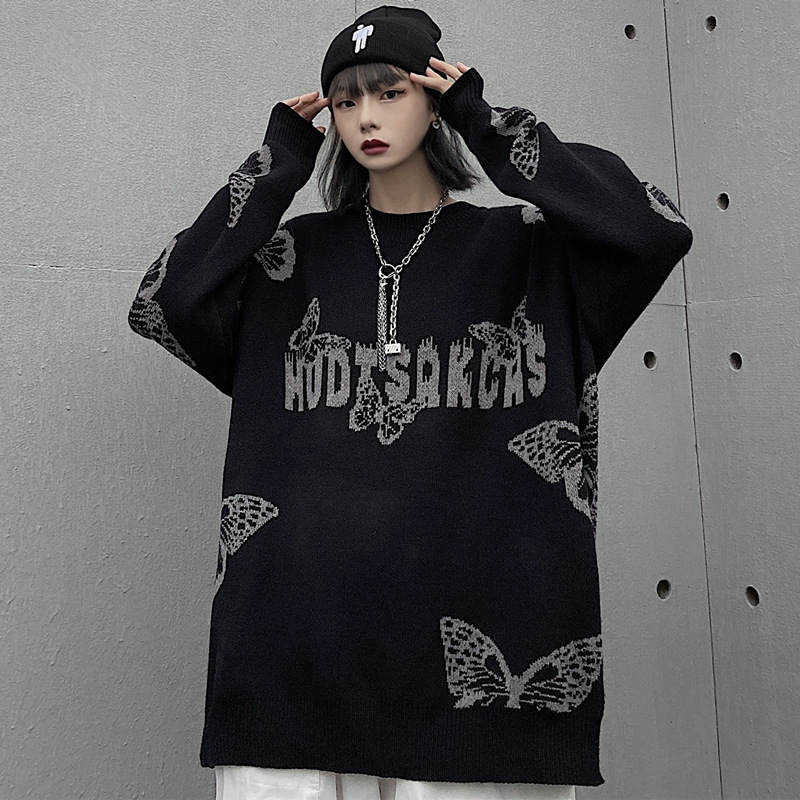 Retro Jacquard Knitted Top Casual Loose Round Neck All-match