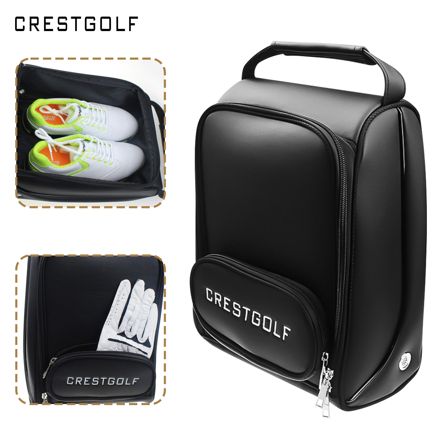 Crestgolf Black PU Leather Waterproof Golf Shoe Bag - Bags & Accessories