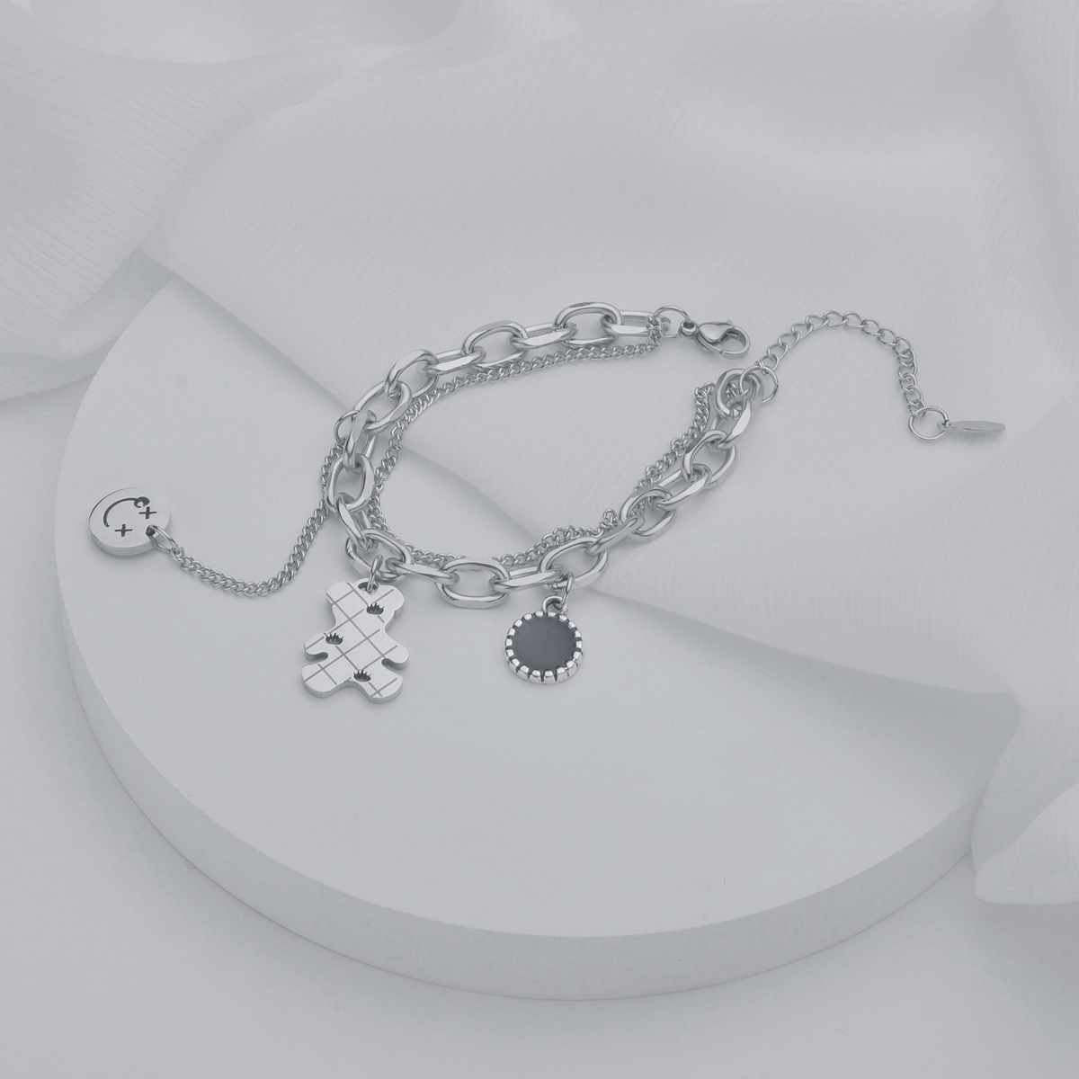 Flat Pudding Bear Pendant Smiley Face Stainless Steel Bracelet Female Ins Tide Hip Hop Niche Design Fashion Accessories