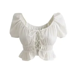 Ruffled Waist French Retro Princess Puff Sleeve Crop Top - White - View 1