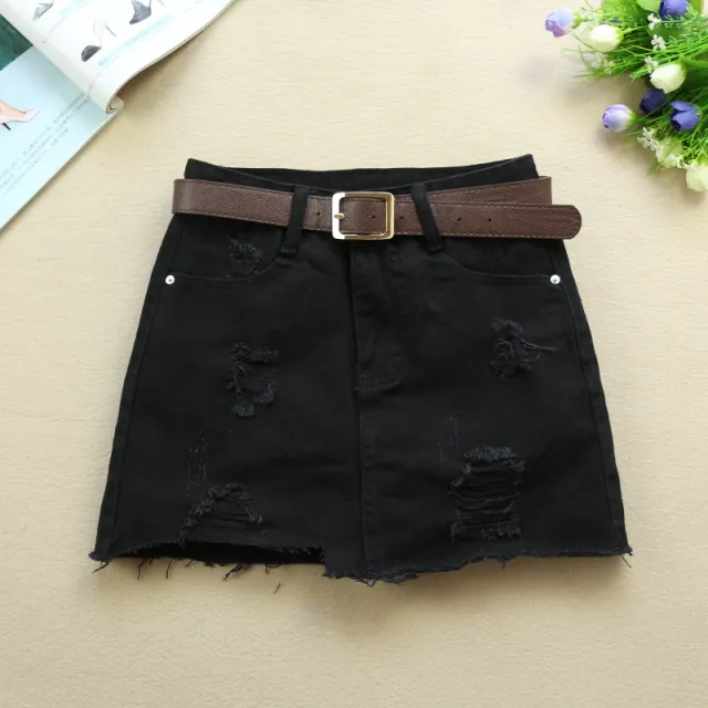 New Ripped White Denim Skirt Women's Spring And Summer Black - Shop at LoveMi