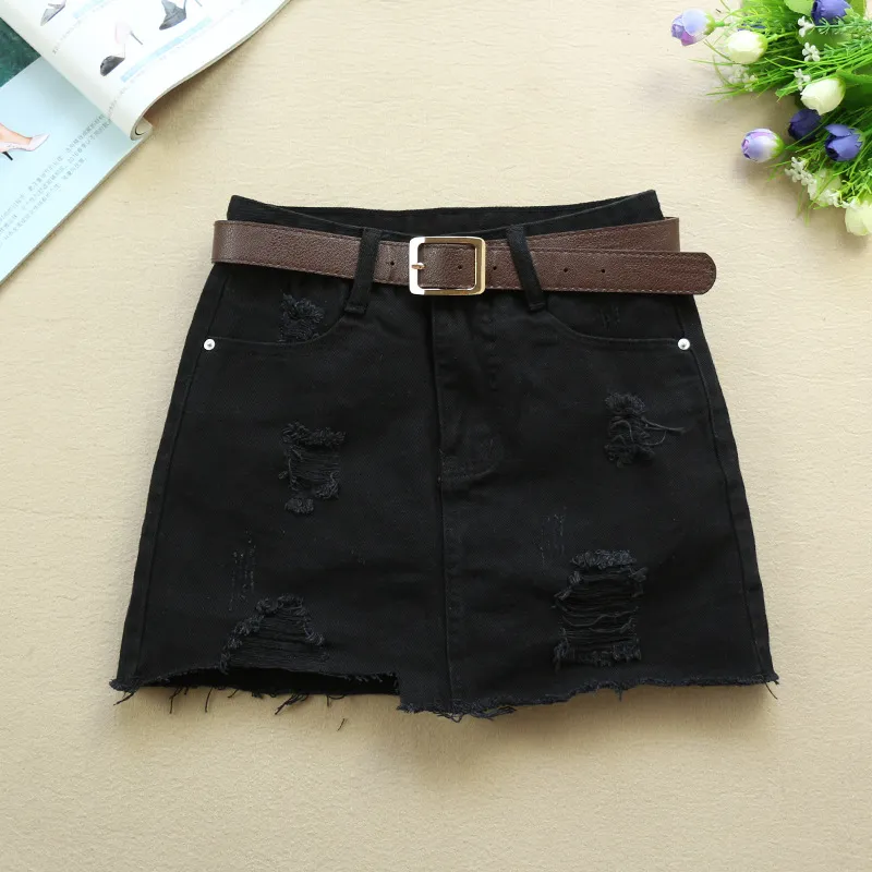New Ripped White Denim Skirt Women's Spring And Summer - Black