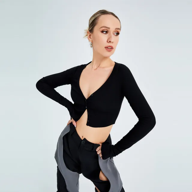 Solid Color V neck Knitted Top T shirt Black - Shop at LoveMi