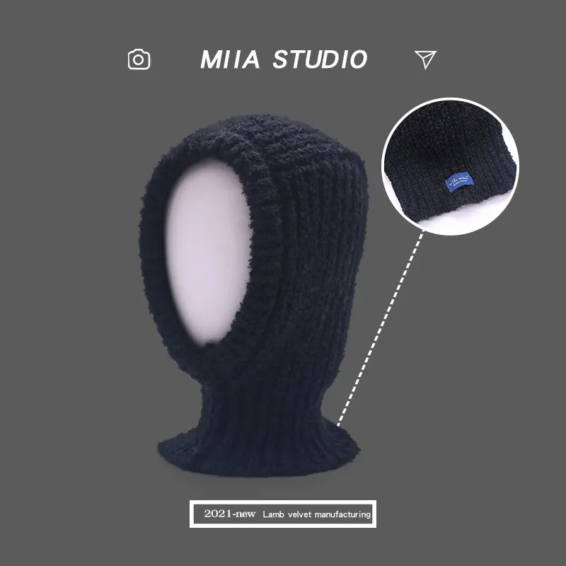 Women's Cold Proof Face Covering Wool Pullover Hat - Black