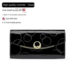 Women's Real Leather Long Large Capacity Wallet Clutch Bag - Black - View 1