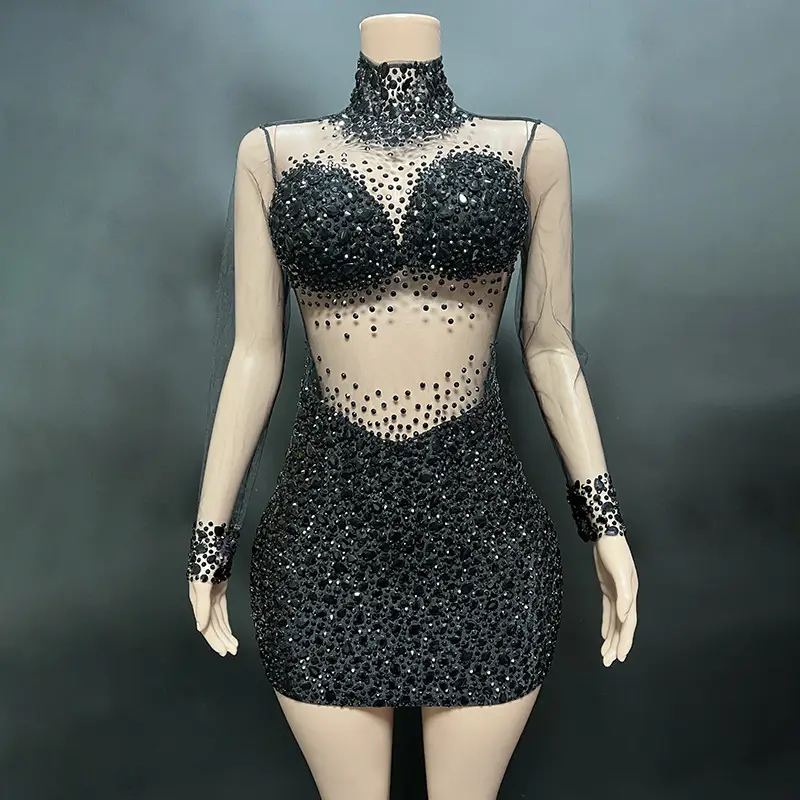 Perspective Gauze Collar Zipper Style Slim Short Dress