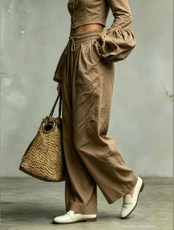 Coffee Colored Pleated Drawstring High Waisted Wide Leg Casual Pants