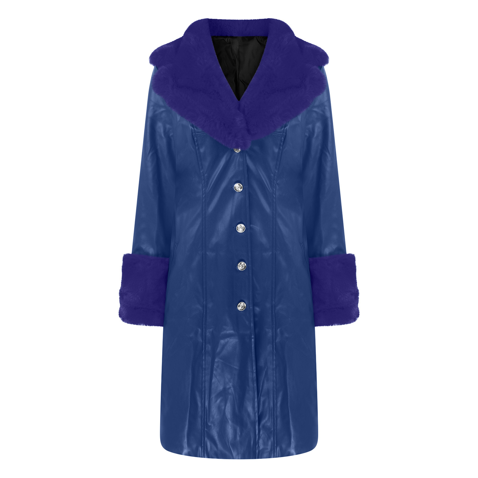 Lapel Long Coat Fur Collar Temperament Zipper Women PU Jacket Blue - Shop at LoveMi