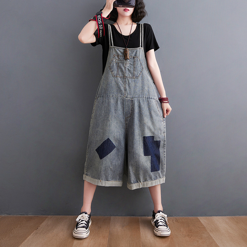 Loose Casual Denim Wide Foot Bib Pants