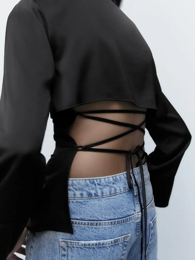 Black Satin Backless Lace up Shirt Black - Shop at LoveMi